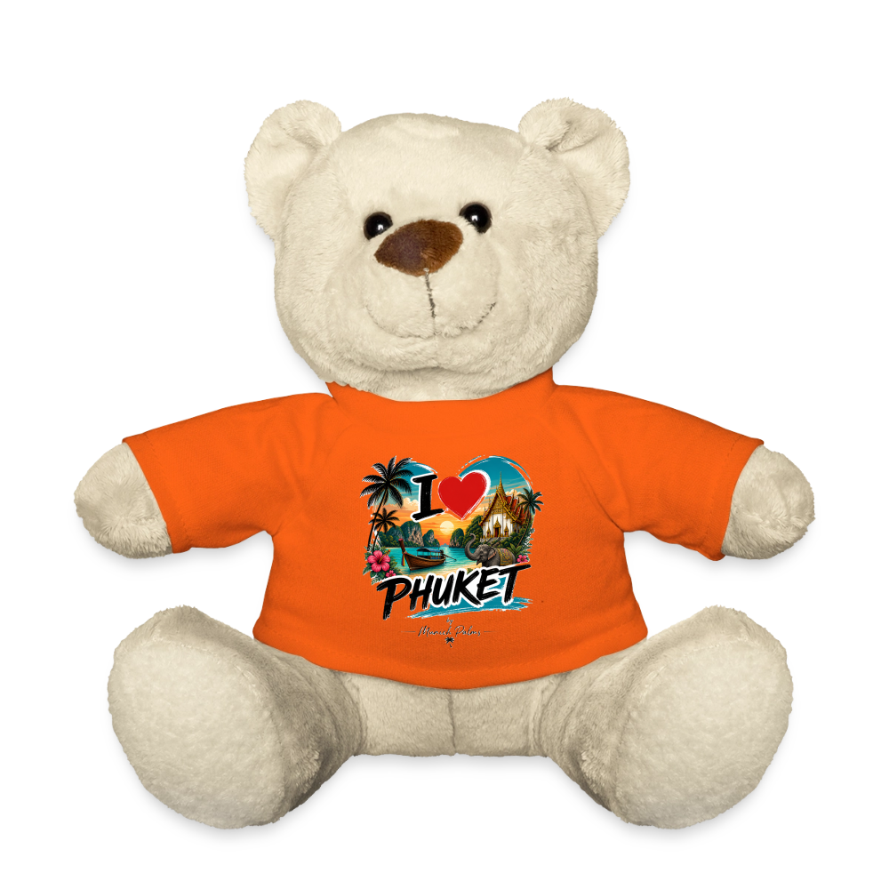 Weicher Teddy "I love Phuket" mit Munich Palms Design von Spreadconnect, detailreiche Stofffigur mit tropischem Muster.