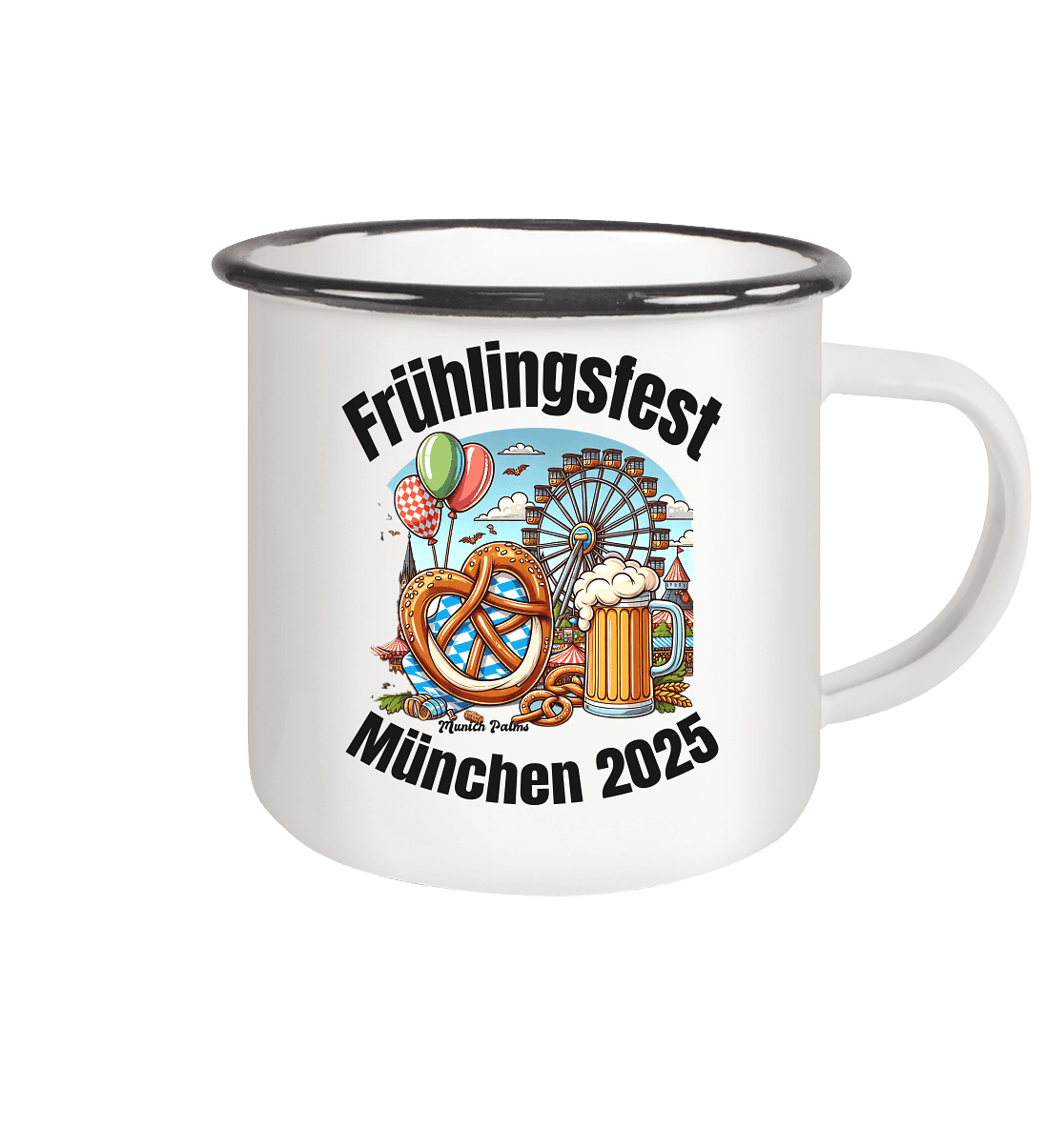 Frühlingsfest München 2025: Munich Palms Design - Emaille Tasse (Black) - Online Kaufhaus München
