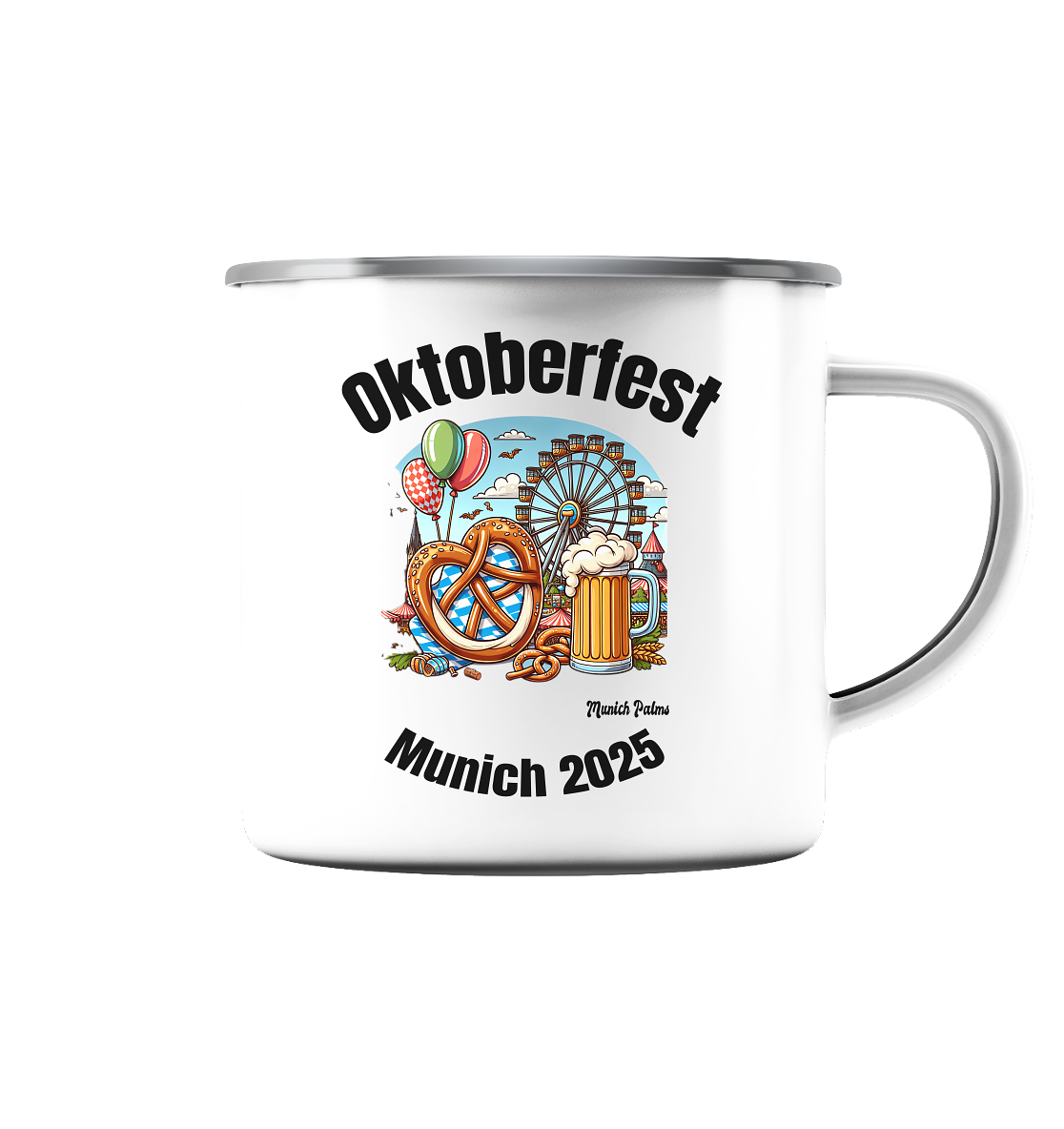 Oktoberfest Munich 2025 : Munich Palms Design - Emaille Tasse (Silber)