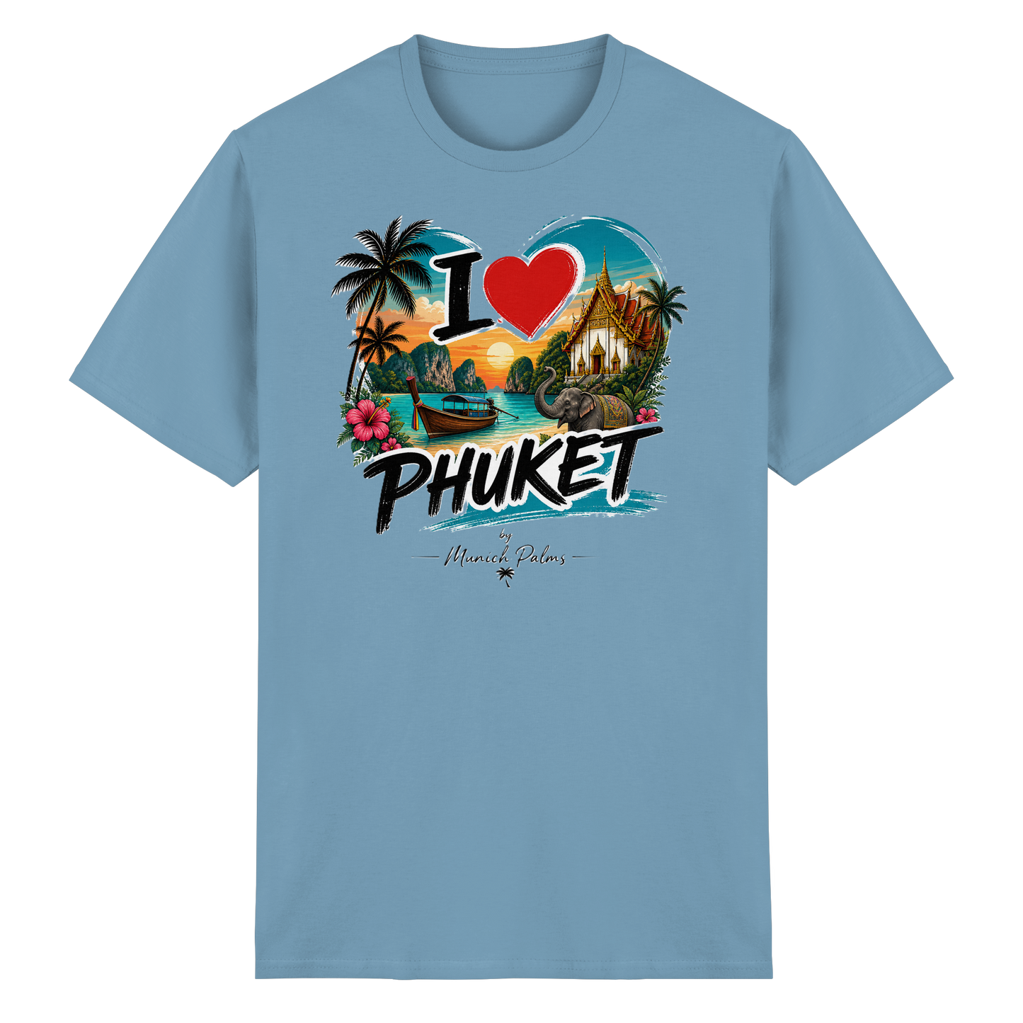Unisex-Heavy Cotton T-Shirt mit "I love Phuket" in Carolina Blue, frontansicht, bequemes Baumwollshirt.