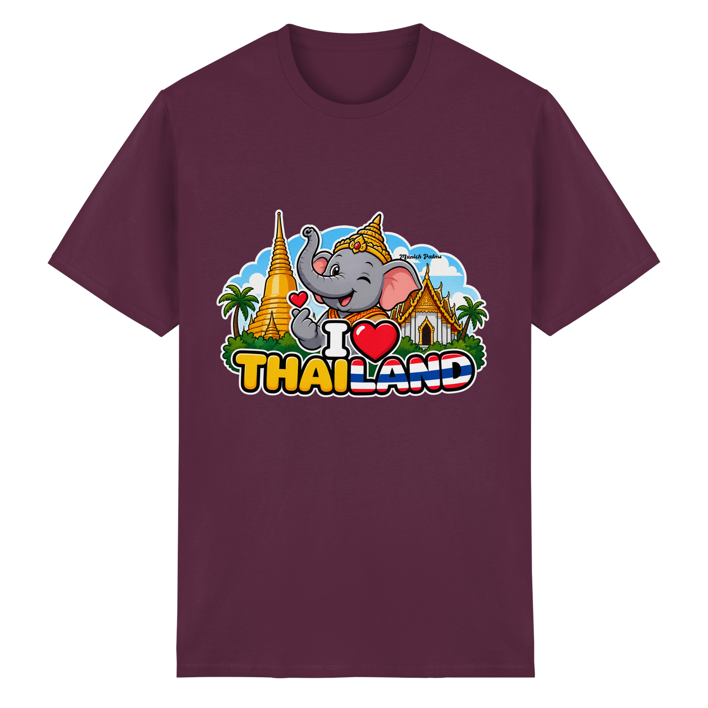 Unisex T-Shirt aus schwerer Baumwolle mit Maron-Farbe, I Love Thailand Elefanten-Design, Munich Palms, frontansicht