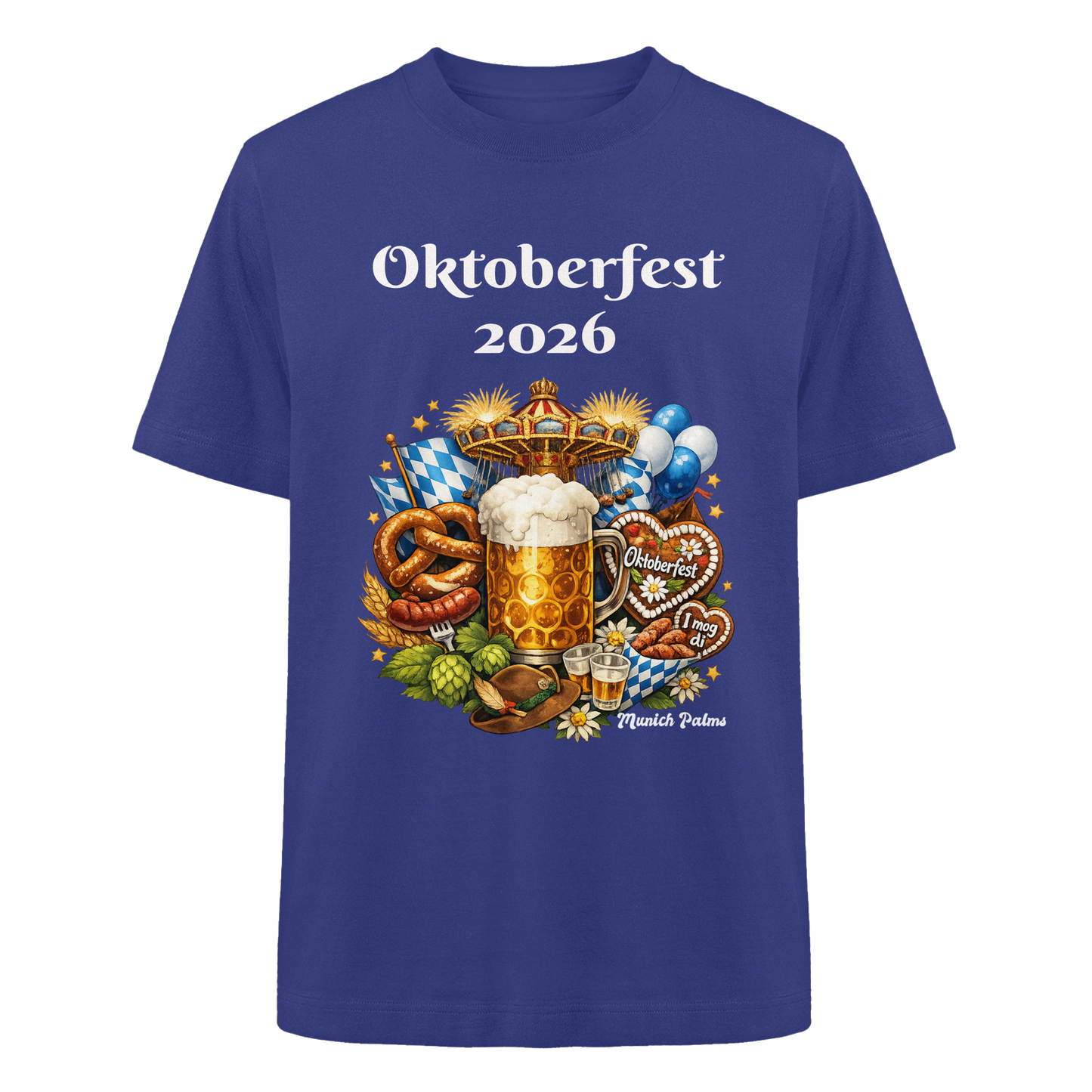 Unisex-Oktoberfest 2026 München Design Shirt, schwere, oversized Bio-Baumwolle, Arbeiterblau, Vorderansicht
