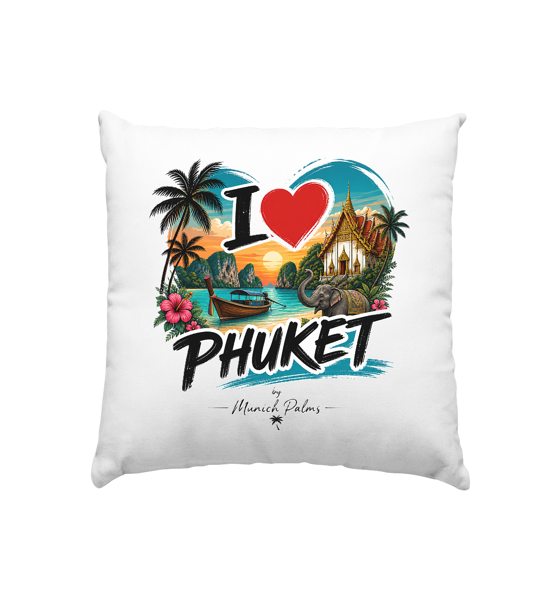 Kissen mit "I love Phuket" Aufdruck, 40x40cm, weiß, für Home & Living, von Online Kaufhaus München, moderne Dekoration.