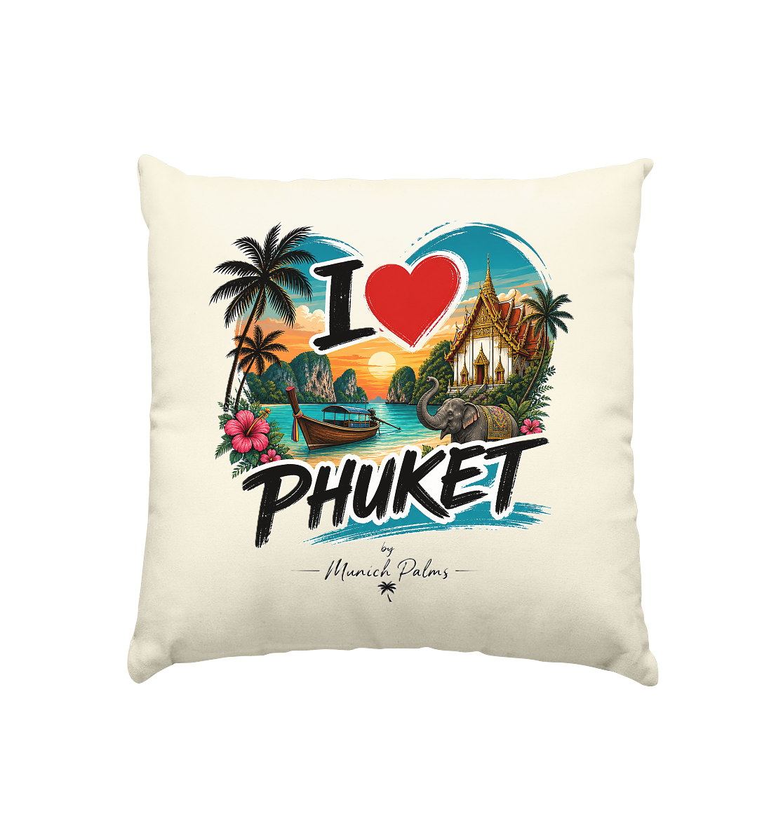 Naturfarbenes Kissen "I love Phuket" in 40x40cm, weiches Textil, dekoratives Wohnaccessoire, stilvoller Akzent für Zuhause