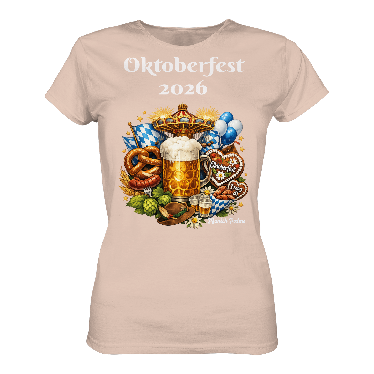 Damen-Organic-Shirt mit Oktoberfest 2026 München Design, Vorderansicht, frische Pfirsichfarbe, bequemes Lady-Shirt, stilvoll und nachhaltig