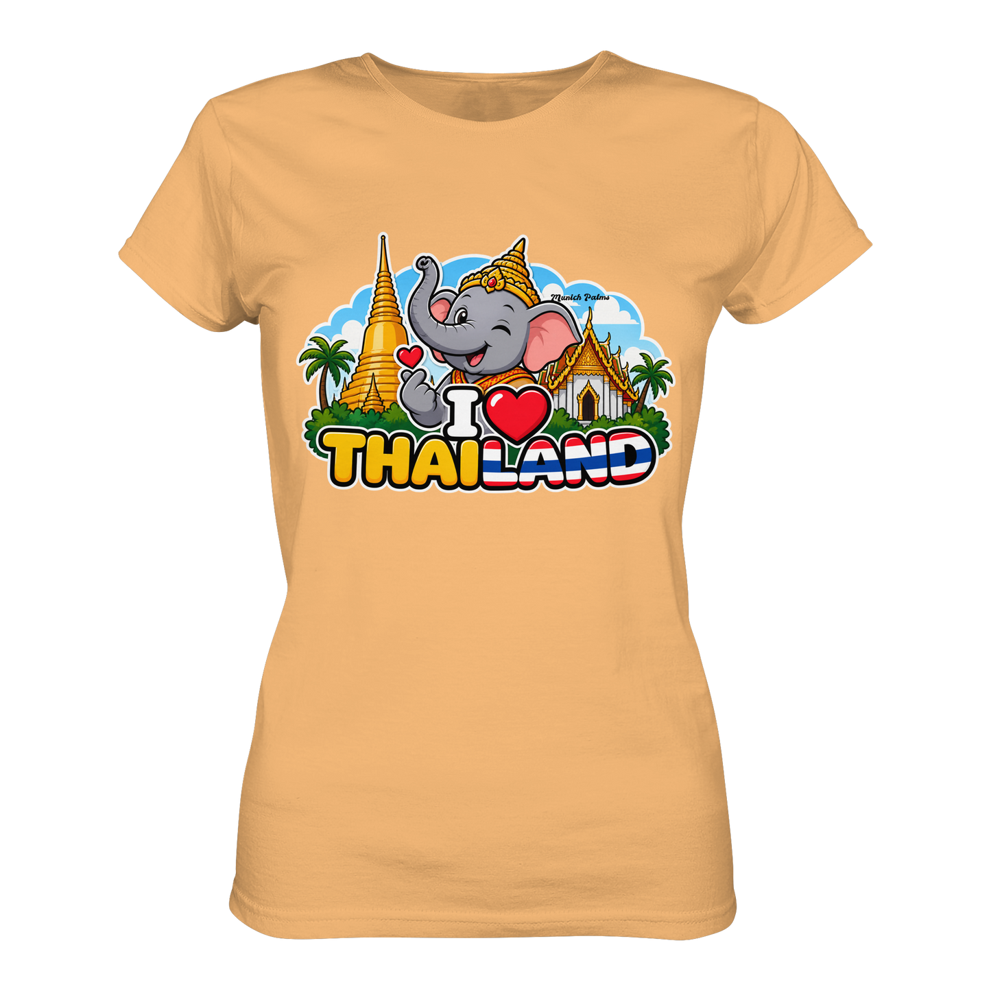 Lächelnder Elefanten-Print auf Damen-Organik-Shirt mit Thailand-Motiv, Munich Palms Design, Frontansicht