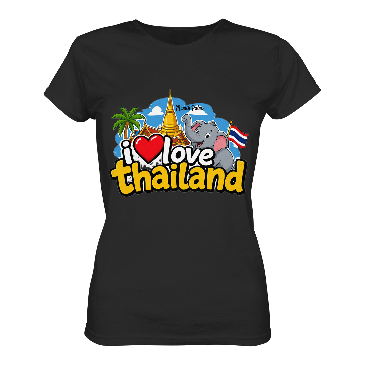Schwarzes Damen-Premium-Shirt mit "I love Thailand" Druck, bequemes Mode-Top für Frauen, von Online Kaufhaus München.