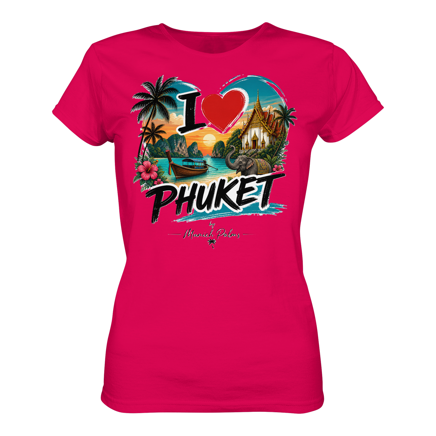 Herren- oder Damen-T-Shirt mit "I love Phuket" Druck, bequemes Premium-Shirt für Damen in Sorbet-Farbe, von Online Kaufhaus München