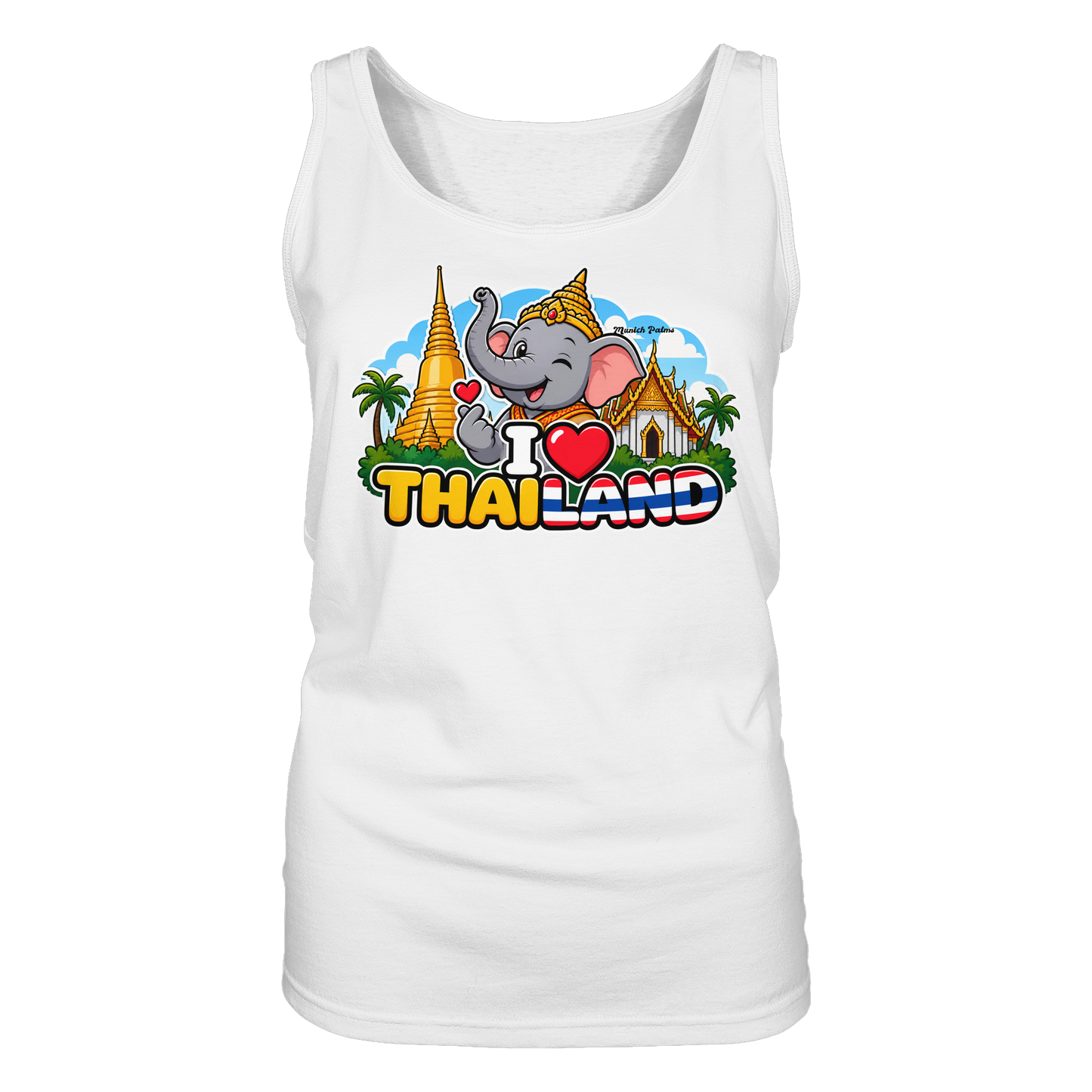 Weißes Damen Tank-Top mit Elefanten-Design und "I Love Thailand" Aufdruck, exklusiv im Munich Palms Stil, Vorderansicht
