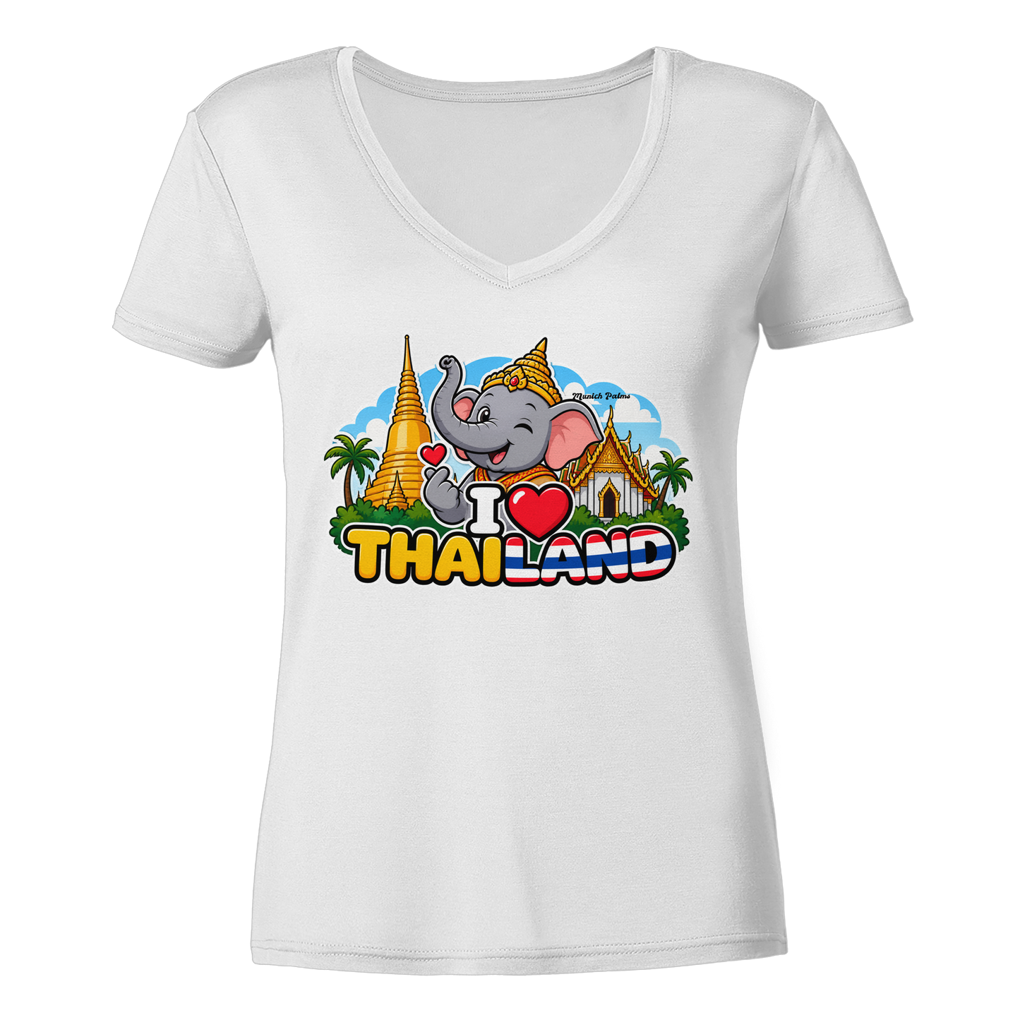 Weißes Damen V-Ausschnitt Shirt mit Elefanten-Design und "I Love Thailand" Aufdruck, Munich Palms Stil, Frontansicht