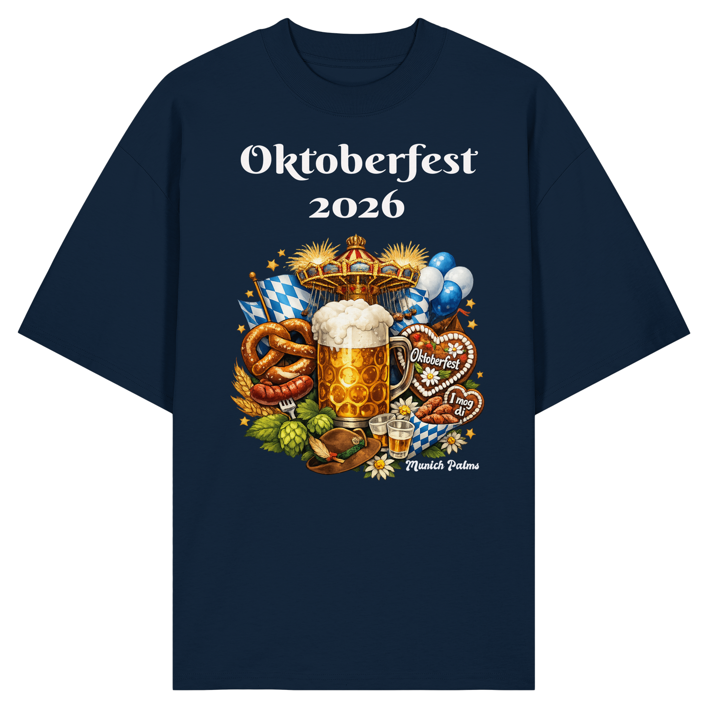 Unisex-Oktoberfest 2026 München Bio-Oversize-Shirt in französisch navy, vorderes Bild, bequemes Design für Oktoberfest.