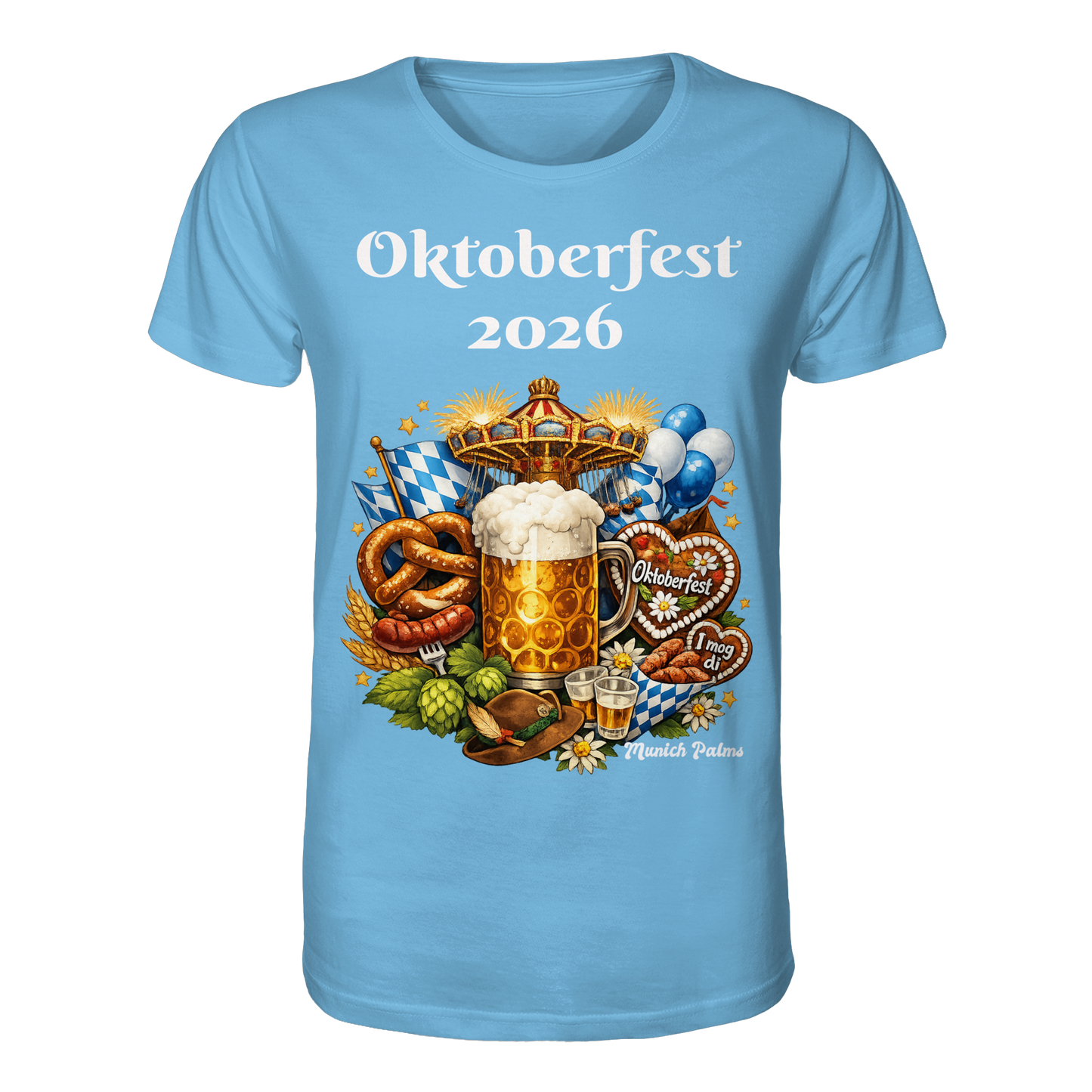 Unisex-Organic-Shirt mit Oktoberfest 2026 München Design in Aqua-Blau, vorneansicht