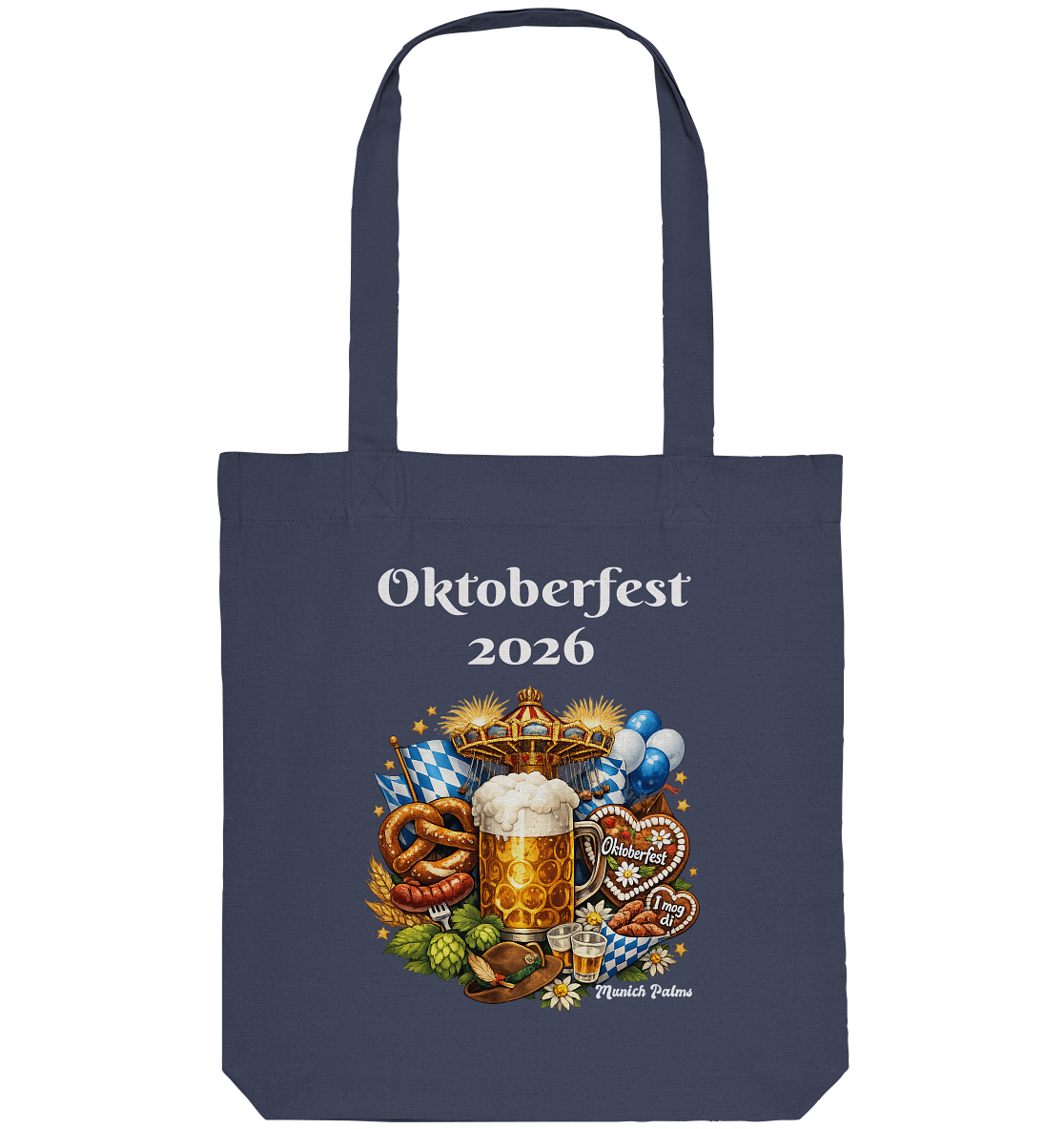 Organische Tragetasche mit Oktoberfest 2026 München Design, umweltfreundliche Tasche aus Baumwolle, Frontansicht