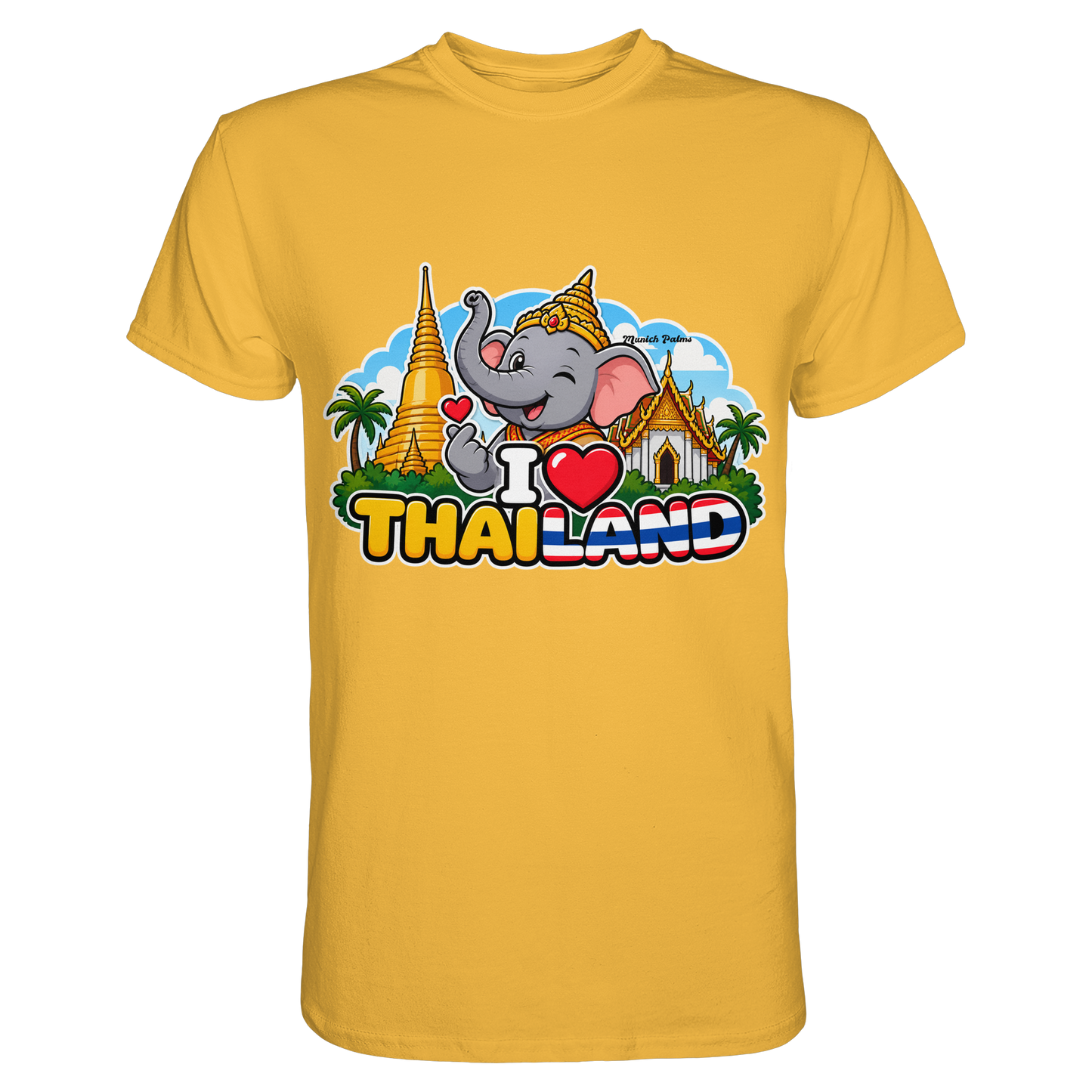 Unisex-Shirt „I Love Thailand“ mit lachendem Elefanten im Munich Palms Design, goldfarbenes Premium Shirt, frontansicht