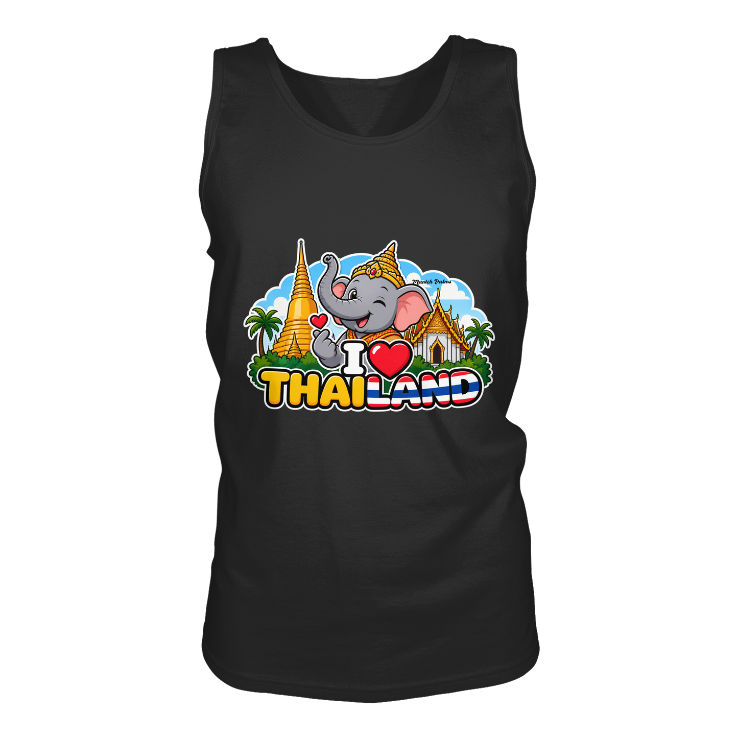 Schwarzes Tank-Top mit I Love Thailand Elefanten-Design, Munich Palms, Vorderansicht, modisches Damen-Shirt