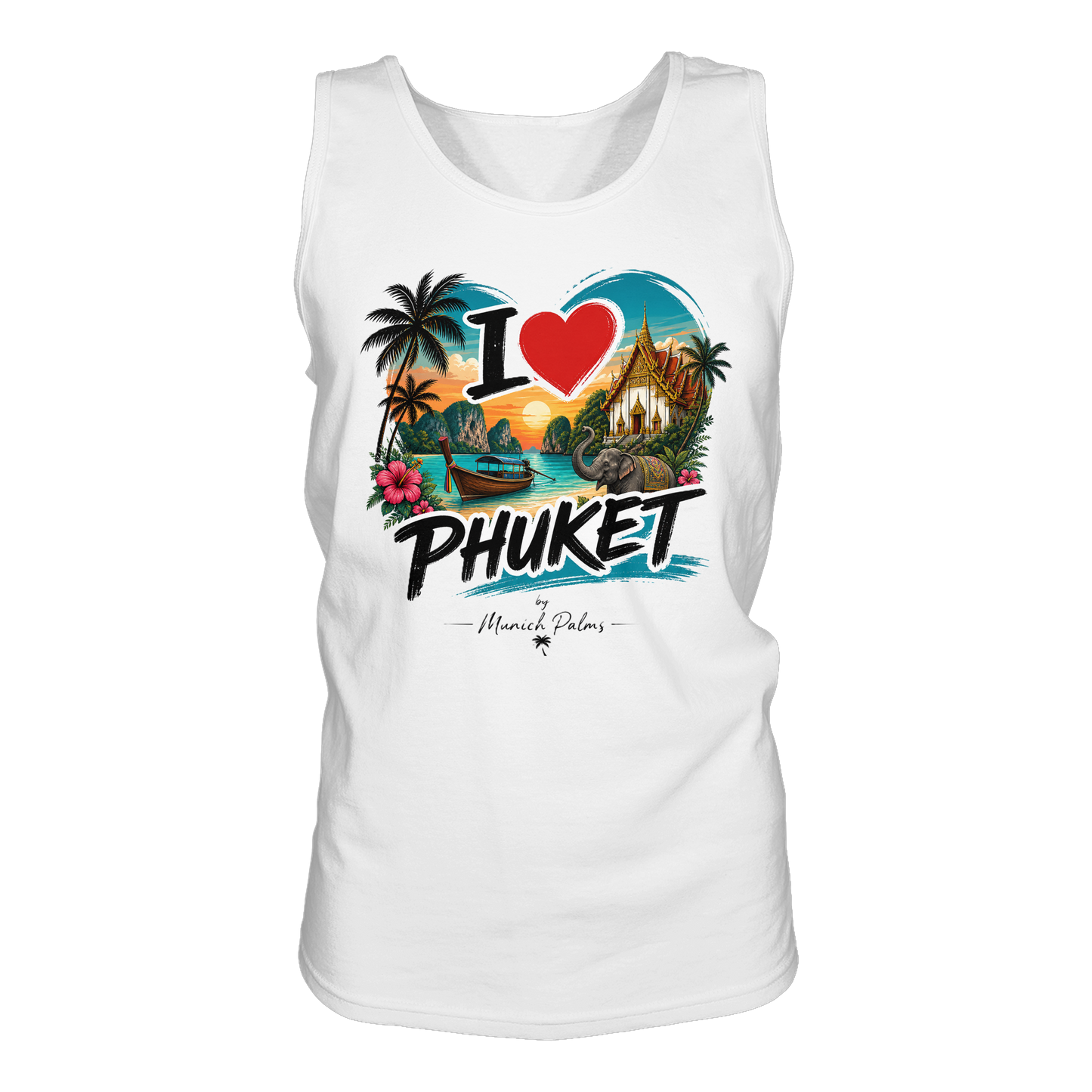 Weißes Tank-Top mit "I love Phuket" Print, Damen-Tank-Top von Online Kaufhaus München, vorneansicht