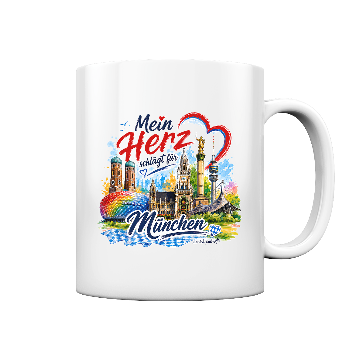 Bunte Tasse mit München Wahrzeichen, glossy Oberseite, Trinkgefäß, Design "Mein Herz schlägt für München" von Munich Palms