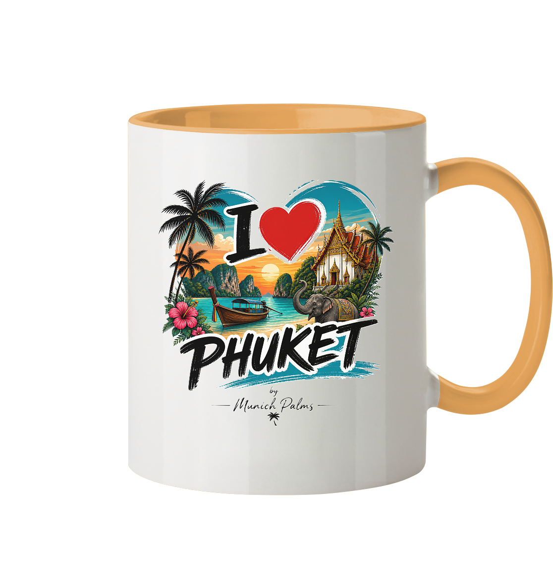 Zweifarbige I love Phuket Tasse aus Keramik, Frontansicht mit buntem Schriftzug und stilvollem Design.