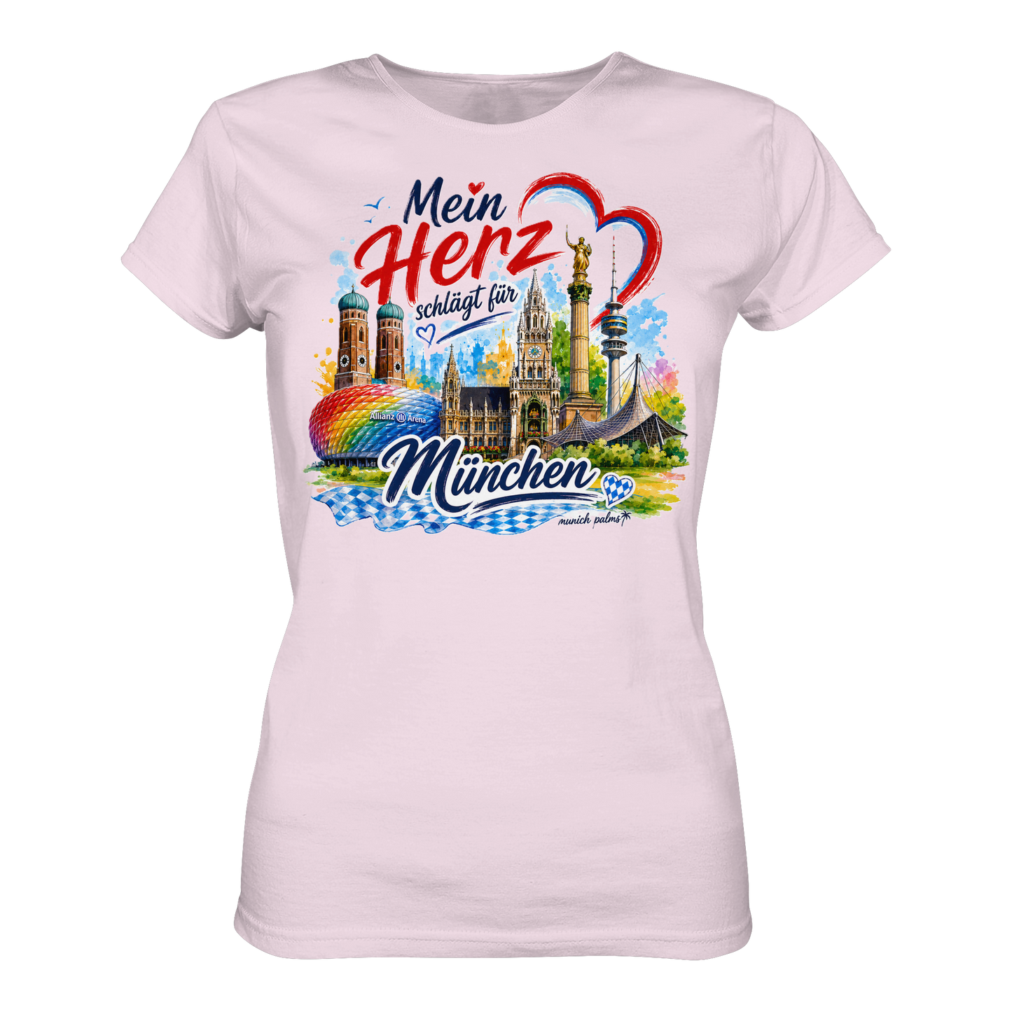 Buntes München T-Shirt für Damen mit Herz und Wahrzeichen, bequemes Premium-Design von Munich Palms, online Kaufhaus München