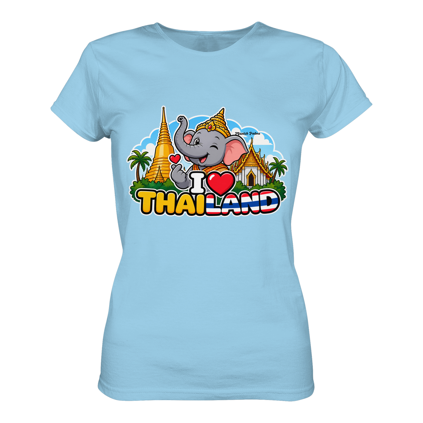 Hübsches Damen-T-Shirt mit I Love Thailand Elefanten-Design in Himmelblau, hochwertiger Munich Palms Stil, exklusive Frauenmode