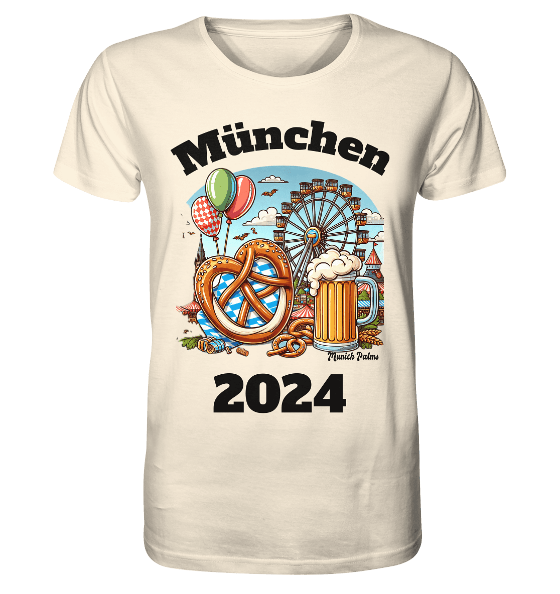 München 2024 mit Volksfest ,Frühlingsfest,Kirmes,Oktoberfest -Design Munich Palms -auch mit dem Namen Deiner Stadt - Organic Shirt - Online Kaufhaus München