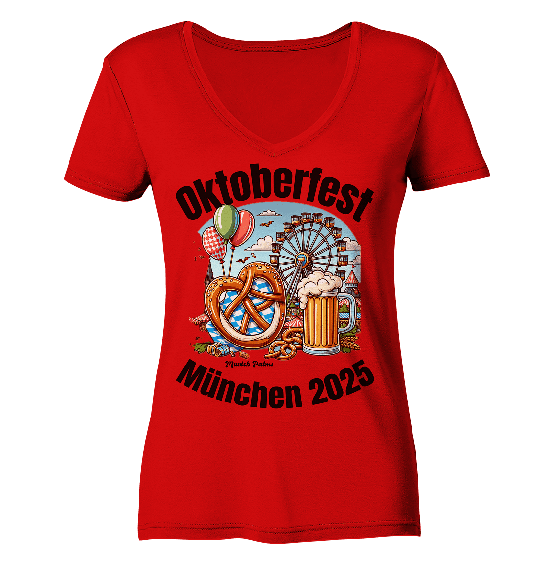 Oktoberfest München 2025 : Munich Palms Design - Ladies V-Neck Shirt - Online Kaufhaus München