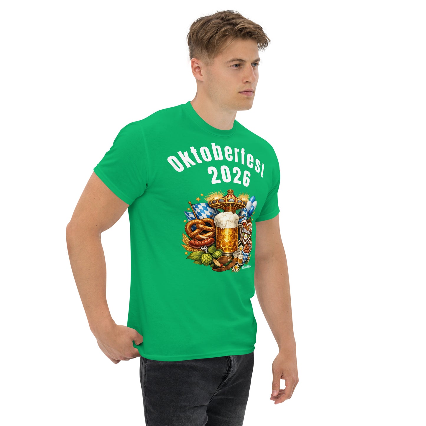 Unisex-T-Shirt Oktoberfest 2026 München Edition in Irish Green, klassisch, bequem, vorne rechts sichtbarer Druck, Unisex-Design.