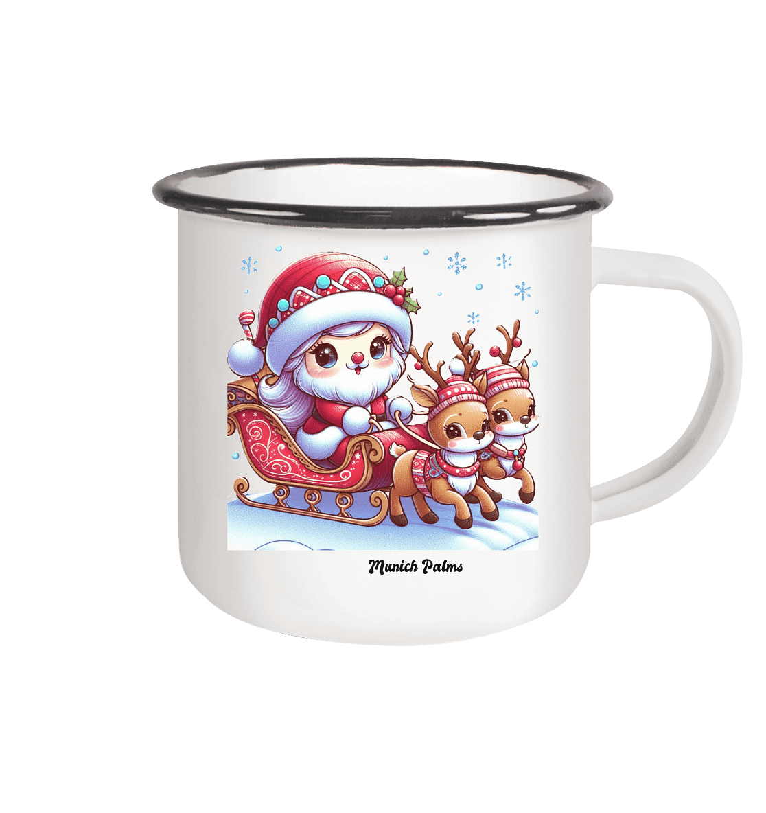 Weihnachten Nikolaus weiblich mit lieblichen Rentieren ,Design Munich Palms - Emaille Tasse (Black) - Online Kaufhaus München