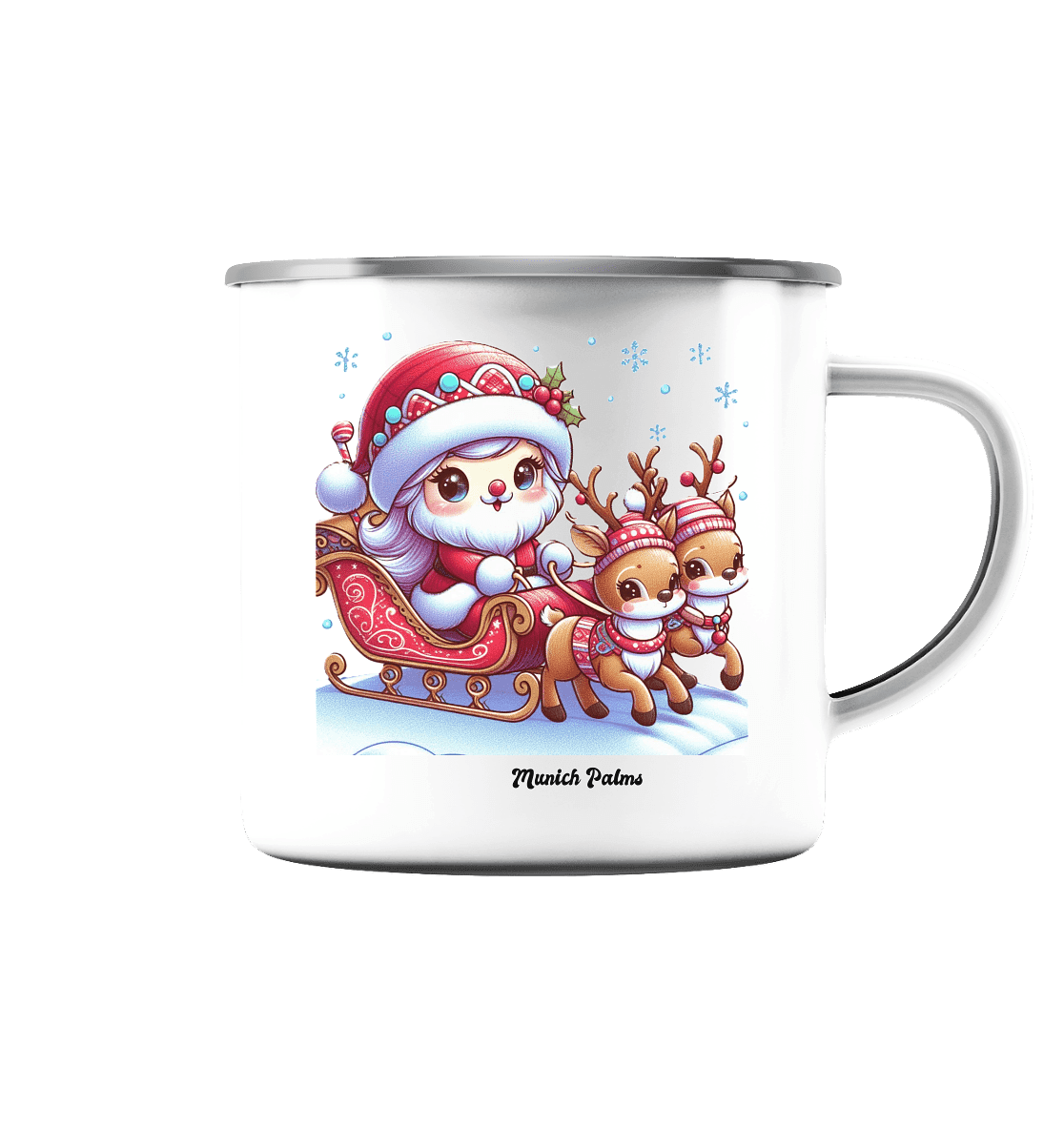 Weihnachten Nikolaus weiblich mit lieblichen Rentieren ,Design Munich Palms - Emaille Tasse (Silber) - Online Kaufhaus München