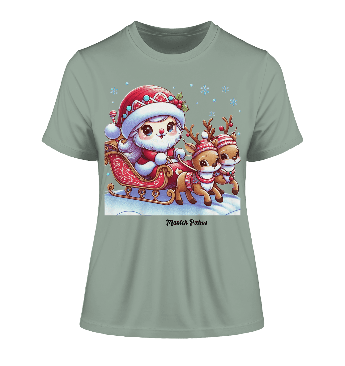 Weihnachten Nikolaus weiblich mit lieblichen Rentieren ,Design Munich Palms - Fitted Ladies Organic Shirt - Online Kaufhaus München