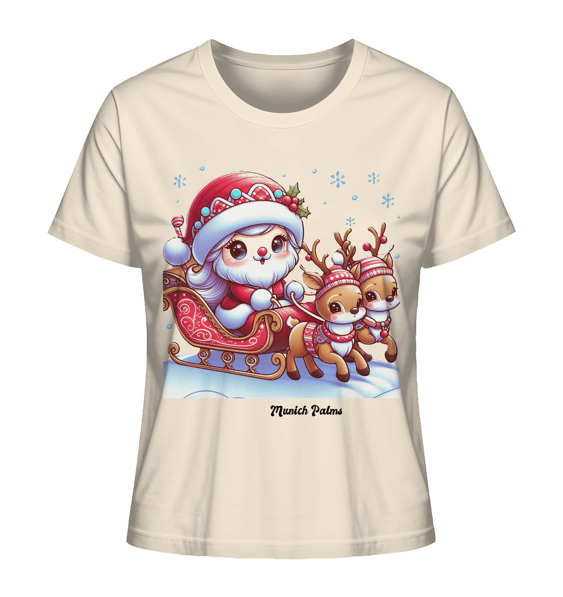 Weihnachten Nikolaus weiblich mit lieblichen Rentieren ,Design Munich Palms - Ladies Organic Shirt - Online Kaufhaus München