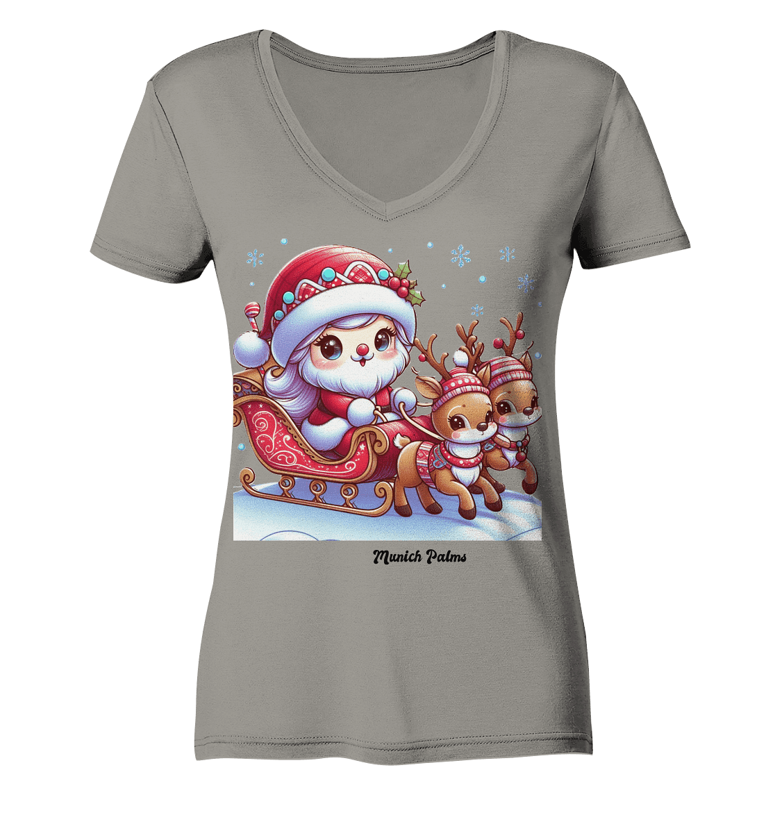 Weihnachten Nikolaus weiblich mit lieblichen Rentieren ,Design Munich Palms - Ladies V-Neck Shirt - Online Kaufhaus München