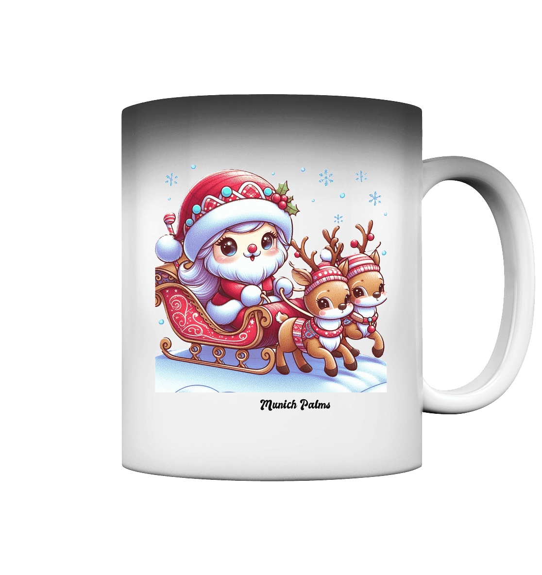 Weihnachten Nikolaus weiblich mit lieblichen Rentieren ,Design Munich Palms - Magic Mug - Online Kaufhaus München