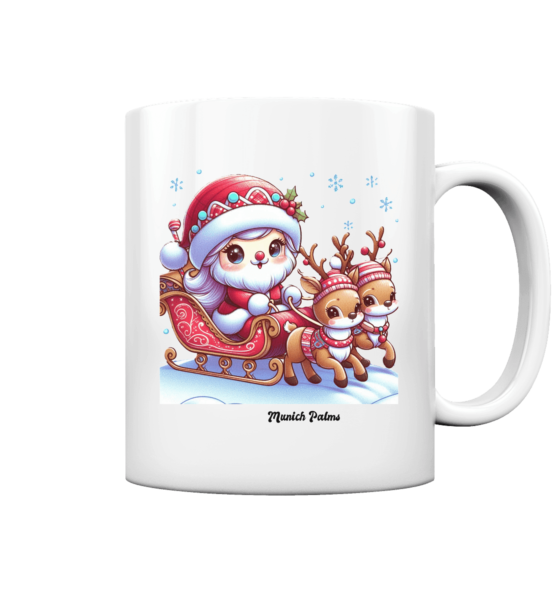 Weihnachten Nikolaus weiblich mit lieblichen Rentieren ,Design Munich Palms - Tasse glossy - Online Kaufhaus München
