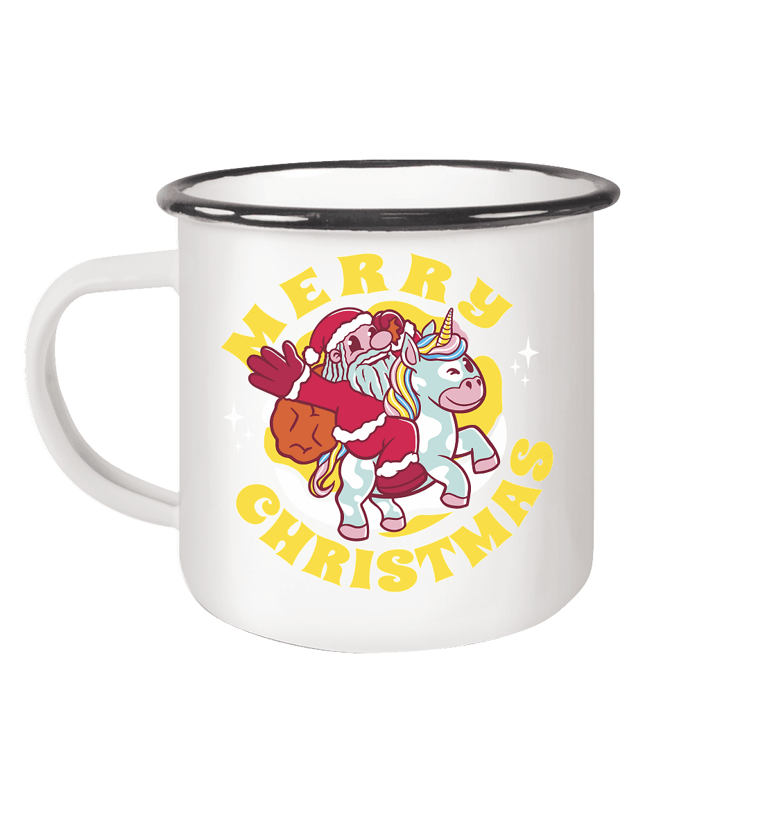 Nikolaus auf Einhorn reitend , Santa Claus Unicorn ,Merry Christmas - Emaille Tasse (Black) - Online Kaufhaus München