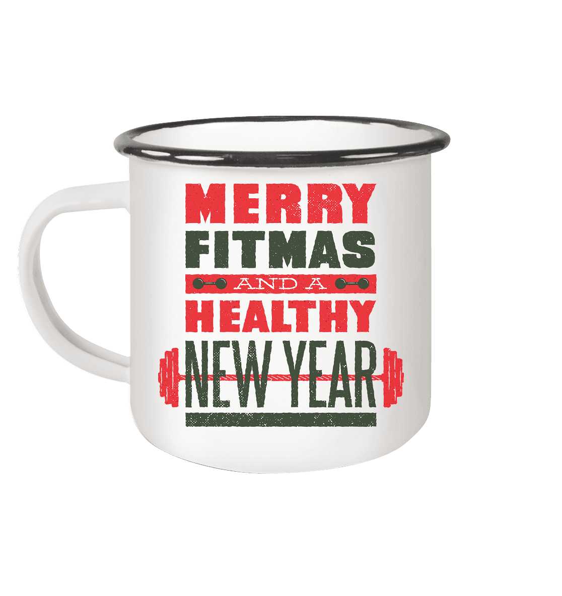 Weihnachtliches Design, Gym, Merry Fitmas and a Healthy New Year - Emaille Tasse (Black) - Online Kaufhaus München