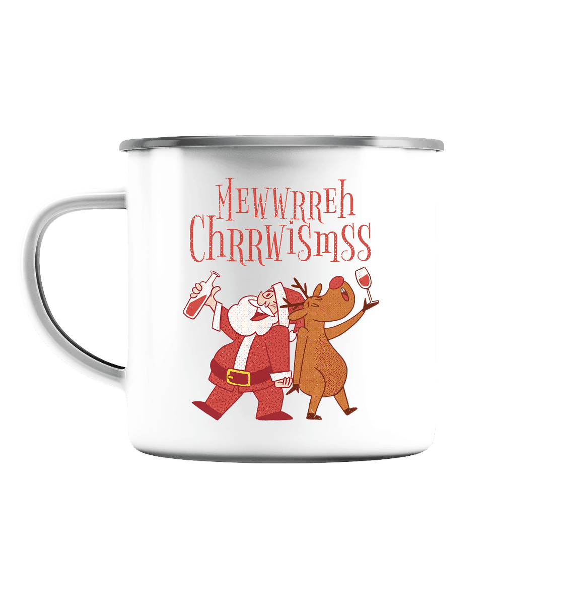 Betrunkerner Nikolaus mit Rentier - Emaille Tasse (Silber) - Online Kaufhaus München
