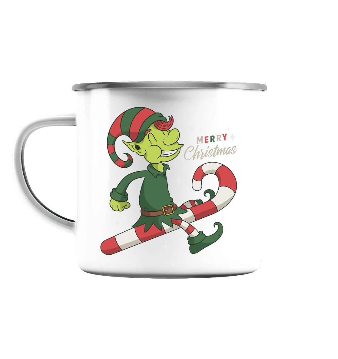 Weihnacht Design Netter Weihnachtself mit Zuckerstange Merry Christmas - Emaille Tasse (Silber) - Online Kaufhaus München