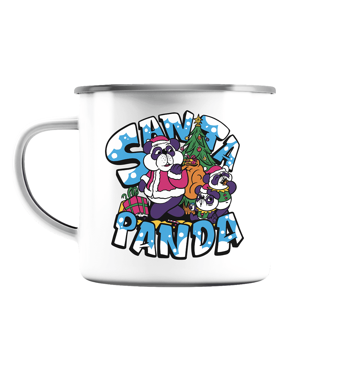 Weihnachten, Santa Panda , Nikolaus Panda ,Merry Christmas - Emaille Tasse (Silber) - Online Kaufhaus München