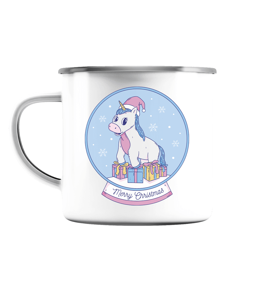 Weihnachten , Weihnachtskugel mit Einhorn , Unicorn Merry Christmas - Emaille Tasse (Silber) - Online Kaufhaus München