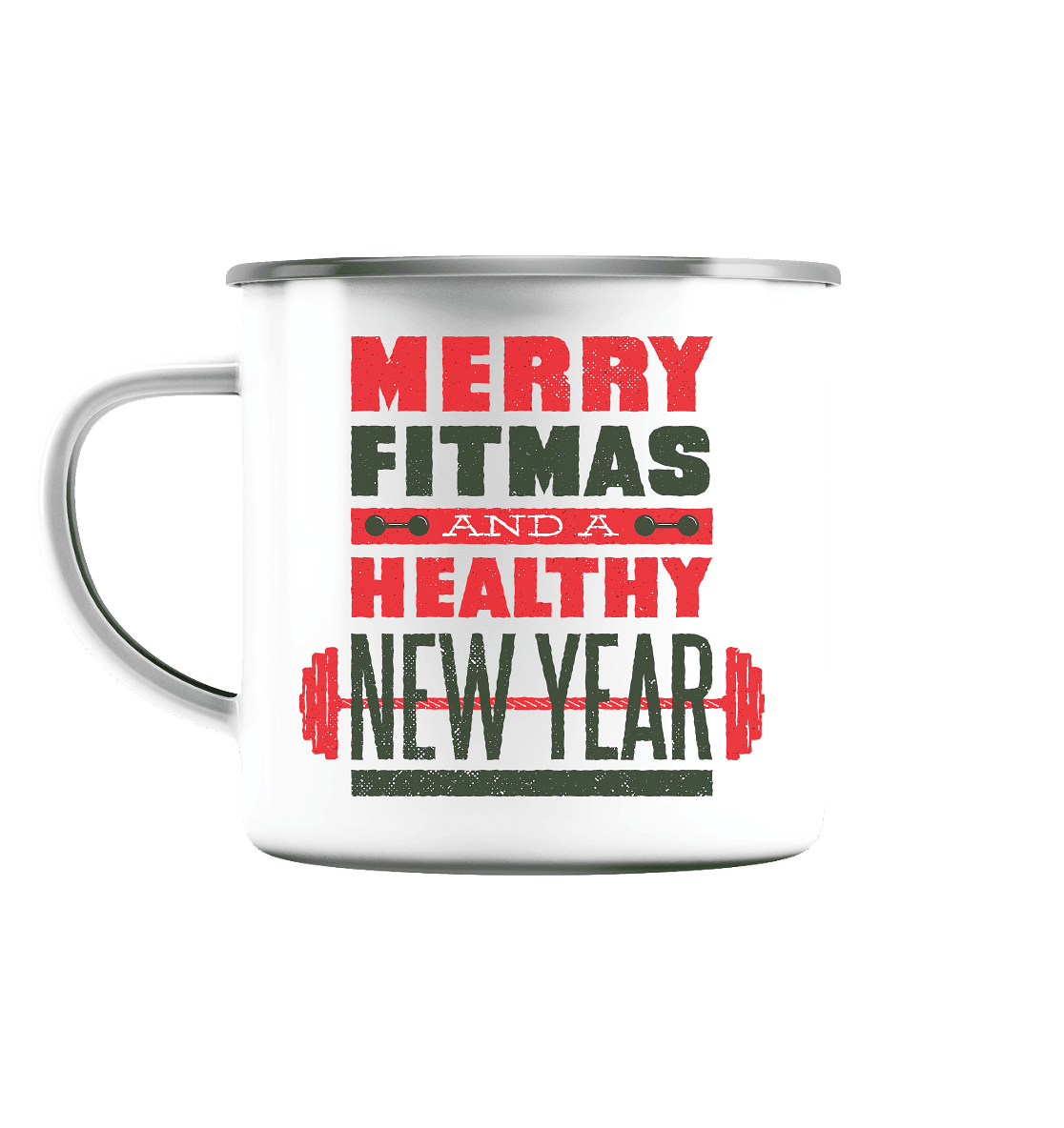 Weihnachtliches Design, Gym, Merry Fitmas and a Healthy New Year - Emaille Tasse (Silber) - Online Kaufhaus München
