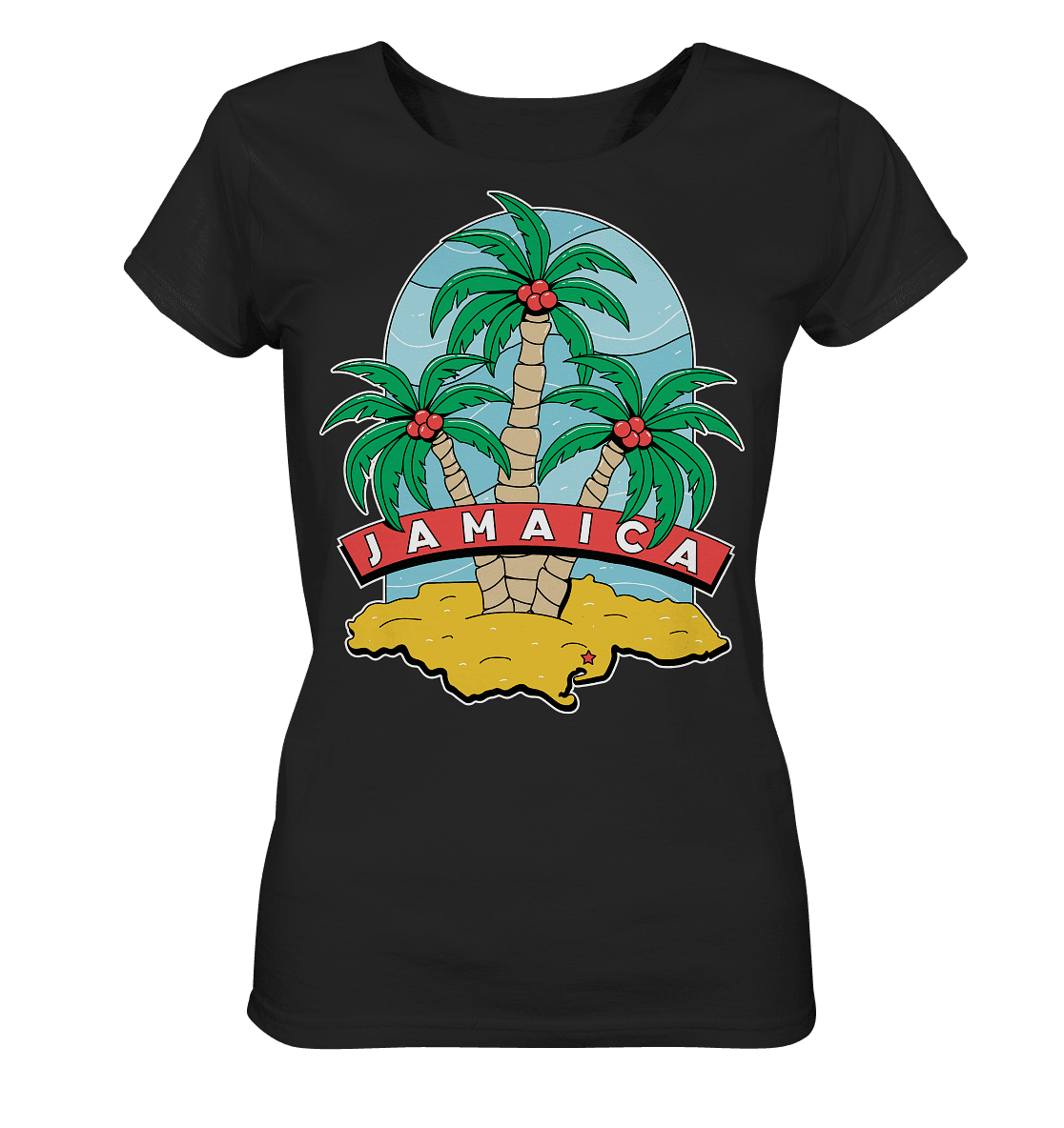 Damen Organic-Shirt mit Palmen-Design im Jamaica-Style, Frontansicht, bequemes Ladies-Shirt in lebendigen Farben