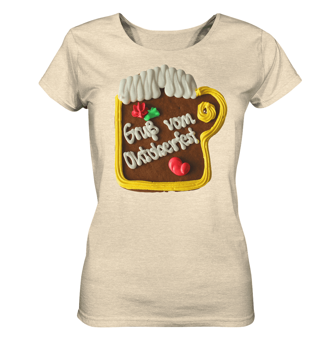 Frontansicht eines Damen-Organic-Shirts mit Lebkuchenkrug-Design, Oktoberfest- und Volksfest-Motiv in Herbstfarben.