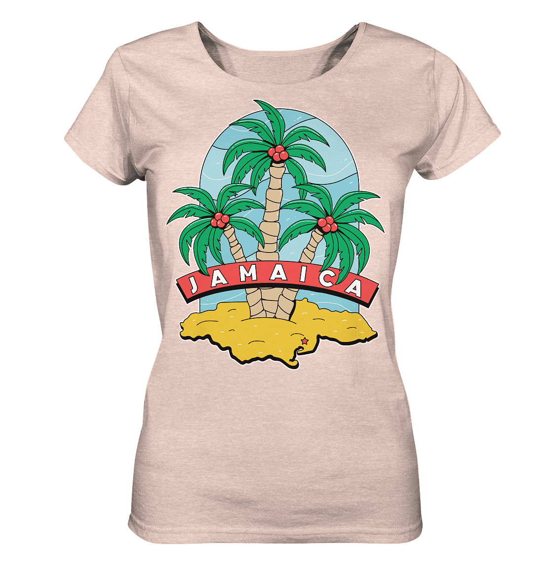 Weißes Damen-Shirt mit Jamaica Strand mit Palmen, meliertes Organic-Shirt für Damen, bequemes Lady-Shirt von Online Kaufhaus München