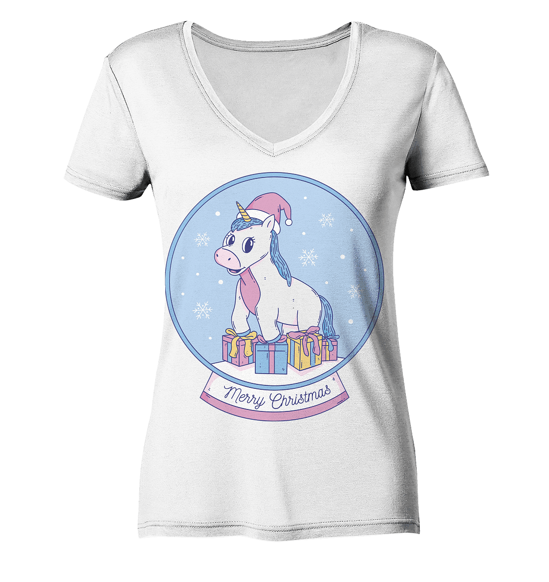 Weihnachten , Weihnachtskugel mit Einhorn , Unicorn Merry Christmas - Ladies Organic V-Neck Shirt - Online Kaufhaus München