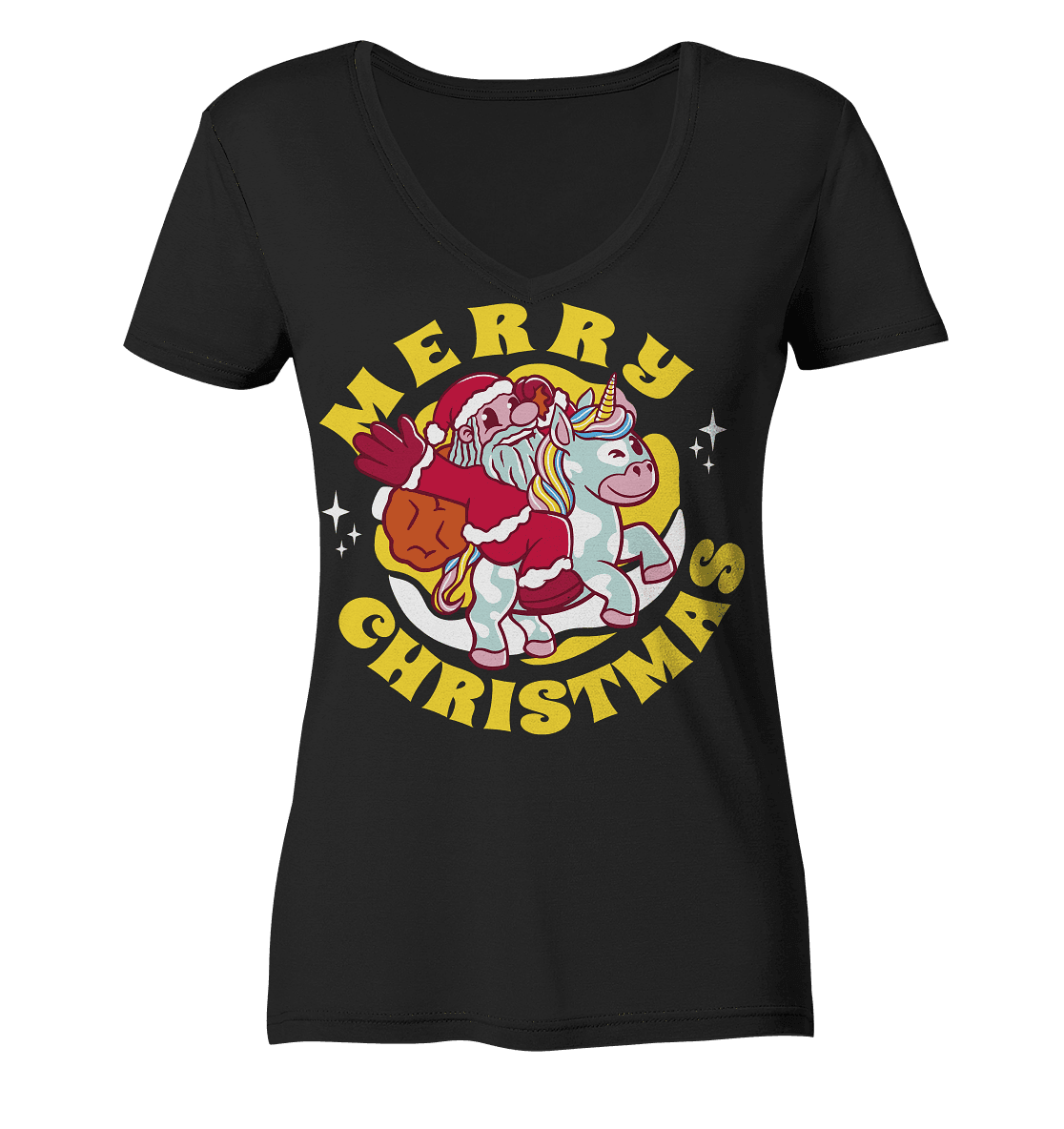 Nikolaus auf Einhorn reitend , Santa Claus Unicorn ,Merry Christmas - Ladies V-Neck Shirt - Online Kaufhaus München