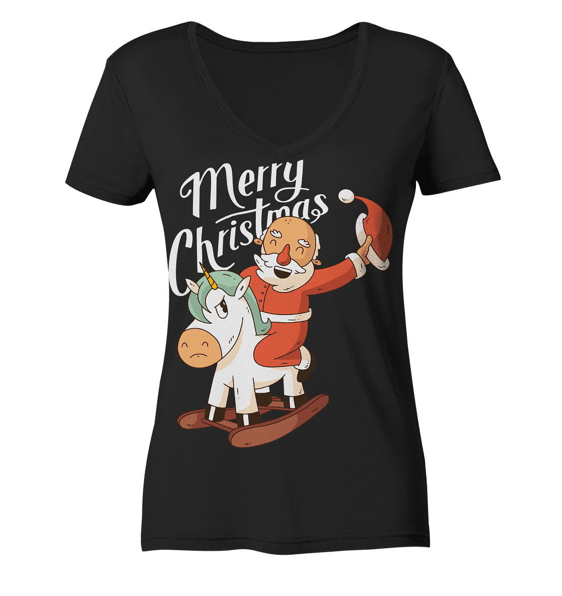 Weihnachten Nikolaus am Schaukelpferd Merry Christmas - Ladies V-Neck Shirt - Online Kaufhaus München