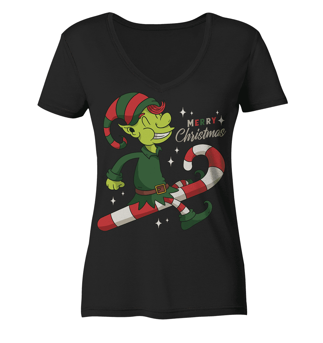 Weihnacht Design Netter Weihnachtself mit Zuckerstange Merry Christmas - Ladies V-Neck Shirt - Online Kaufhaus München