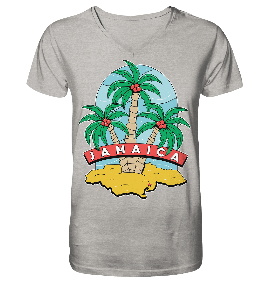 Jamaika Strand mit Palmen, Männer Bio V-Ausschnitt-Shirt, Frontansicht, bequemes nachhaltiges V-Neck Shirt in Naturfarben