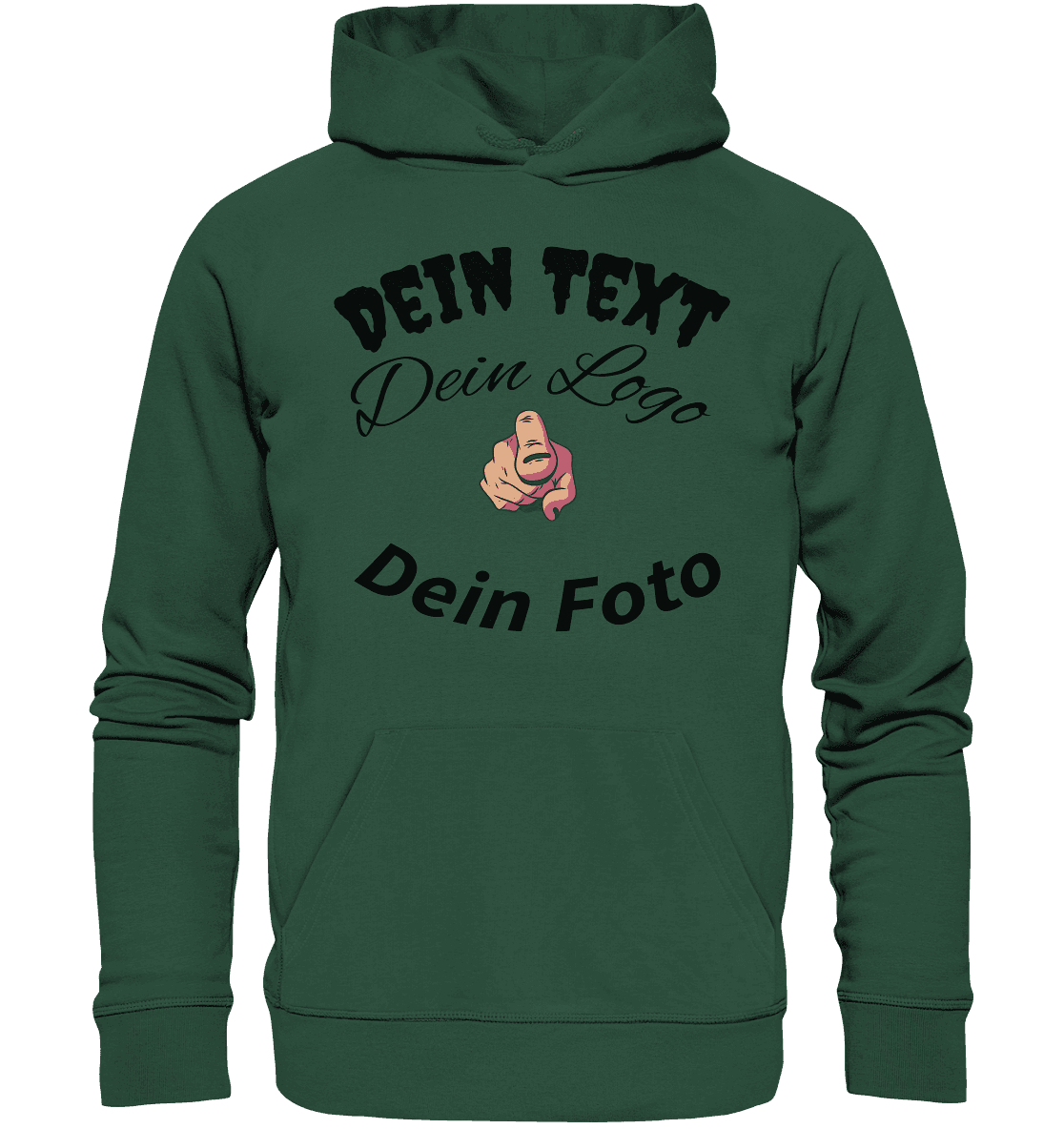 Organischer Basic Hoodie von Online Kaufhaus München mit individuell gestaltbarem Druck, vorne Ansicht, bequemer Hoodie aus Bio-Baumwolle.